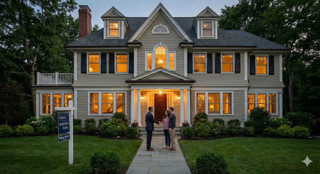 Luxury Boston suburbs home at dusk with warm interior lighting, manicured landscaping, a Gibson Sotheby’s Realty sign, and a Realtor greeting buyers at the front walkway.