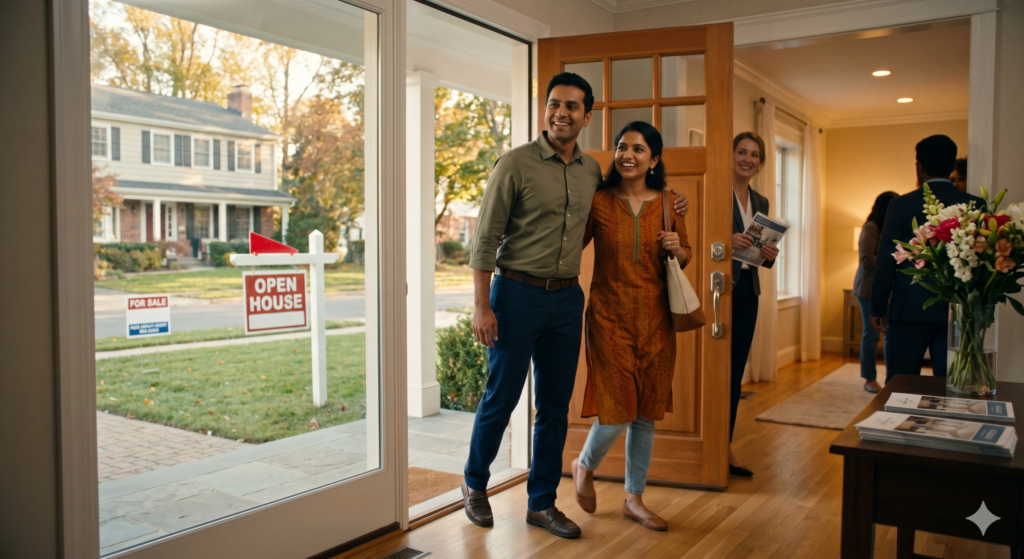 A cinematic photograph taken from inside a house, capturing a happy, young Indian couple—a man in a green shirt and blue pants, and a woman in a gold patterned kurta and light jeans—smiling as they step through an open wooden front door. Through the doorway, a well-manicured suburban street is visible with an 'OPEN HOUSE' sign and a 'FOR SALE' sign on the lawn. A smiling female real estate agent stands near the door holding brochures, and another person is visible further inside. A table with a vase of flowers and property brochures is in the foreground. Sunlight streams through the entrance.