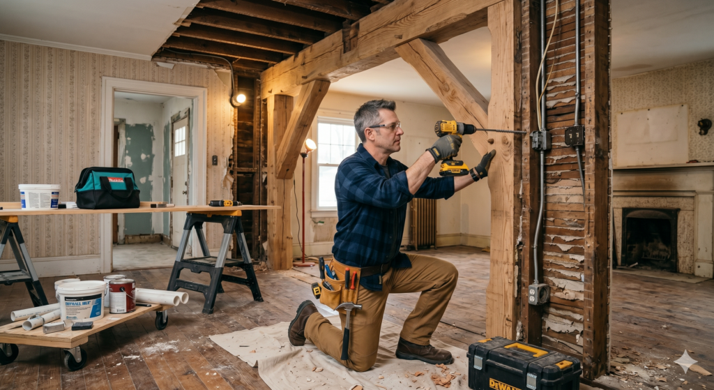A cinematic, wide shot of a middle-aged male contractor or handyman wearing safety glasses, a blue plaid button-down shirt, and khaki work pants with a tool belt, kneeling on a drop cloth inside a house undergoing extensive renovations. He is actively using a yellow power drill on an exposed structural wooden beam. The interior reveals ongoing major repairs, including stripped plaster walls showing wooden laths, electrical conduit pipes, an exposed ceiling framework, and old floral wallpaper. Various construction materials, including buckets of joint compound, paint cans, a tool bag, and a black toolbox, are scattered on the worn wooden floor around the workspace.