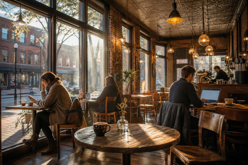 Historic brick coffee shop interior in Newton MA with large storefront windows, exposed brick walls, and customers working at wooden tables overlooking a downtown street