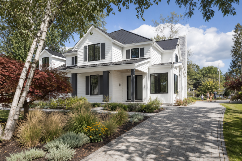 Modern white farmhouse with black metal roof, dark shutters, and covered front porch on a paver driveway in Needham, MA
