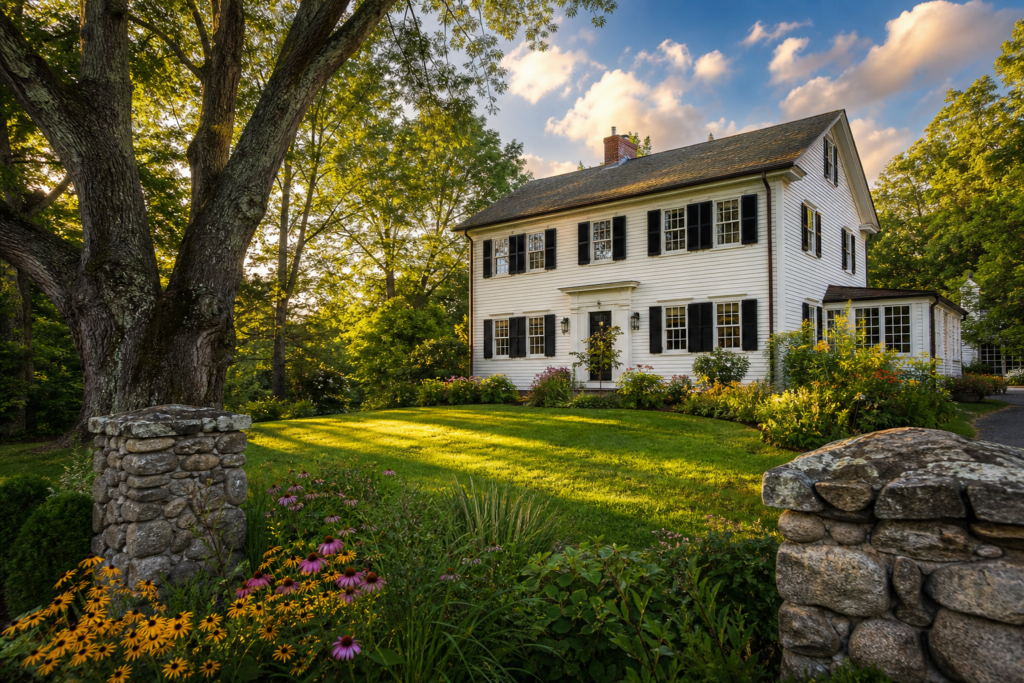 **Alt text:** Front exterior of a stately Colonial home with white clapboard siding, black shutters, and a classic centered entry, surrounded by mature trees and lush landscaping. A broad green lawn, colorful perennial gardens, and natural stone gateposts frame the property, while warm late-afternoon sunlight highlights the home's timeless New England architecture.