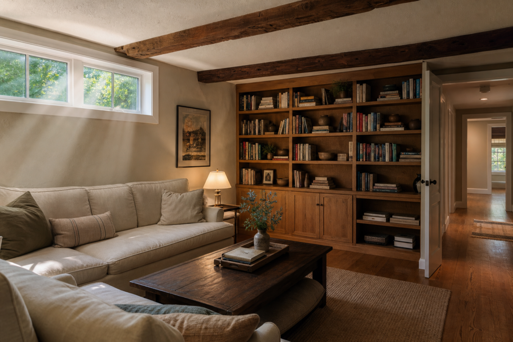 Cozy family room with exposed wood beam, built-in bookshelves, linen sectional, and dark wood coffee table