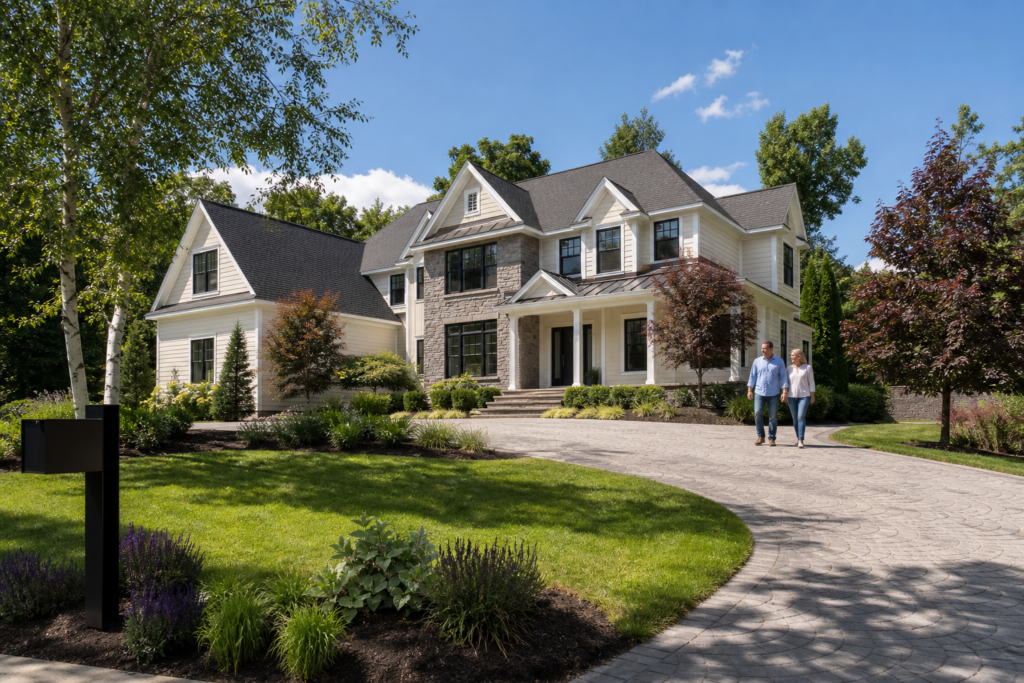 Couple walking up a curved paver driveway to a large luxury home in Needham, MA with stone and shingle exterior