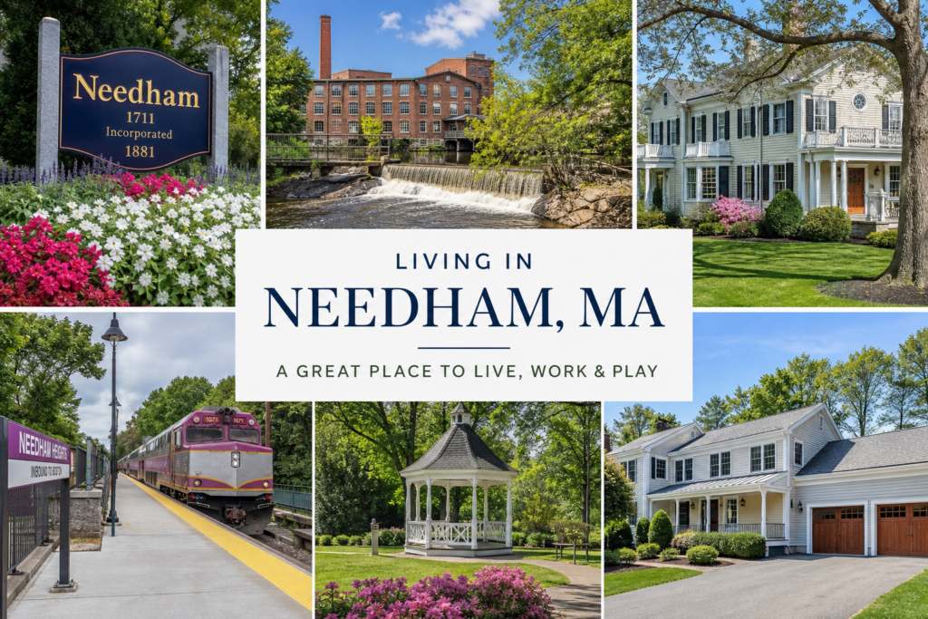 Living in Needham, MA collage with town sign, mill on the Charles River, colonial homes, commuter rail station, and town gazebo