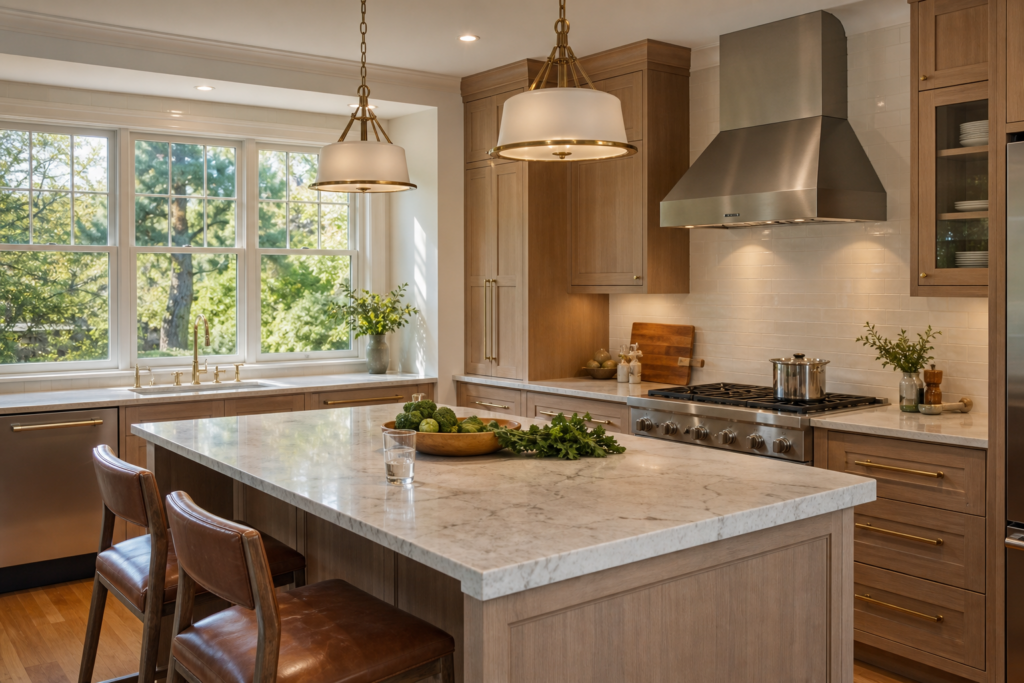 **Alt text:** Bright, custom-designed kitchen featuring a large marble waterfall island with seating, natural wood cabinetry, brass hardware, stainless steel professional-grade range and hood, white subway tile backsplash, oversized windows overlooking mature trees, and two elegant pendant lights that fill the space with warm natural light.