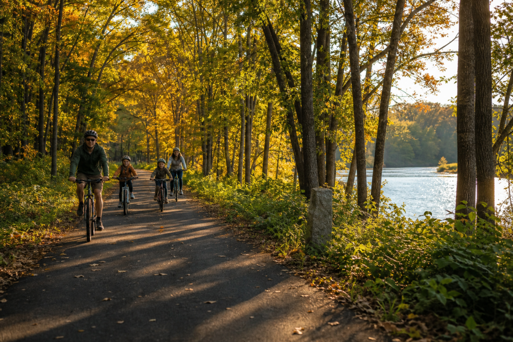Family biking along a wooded riverside path in fall foliage in Needham, MA