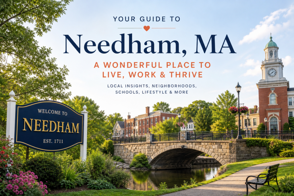 Needham MA town center guide featuring welcome sign, stone bridge, and historic clock tower in downtown Needham Massachusetts