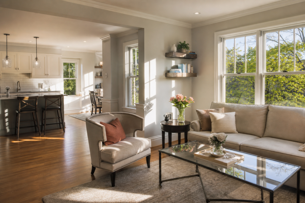Sunlit open concept living room with large windows and kitchen view in a Needham, MA home