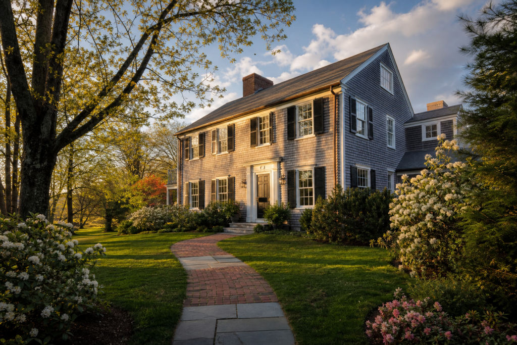 Gray-shingled Colonial home with black shutters, a brick walkway, mature trees, and flowering landscaping illuminated by warm evening sunlight.