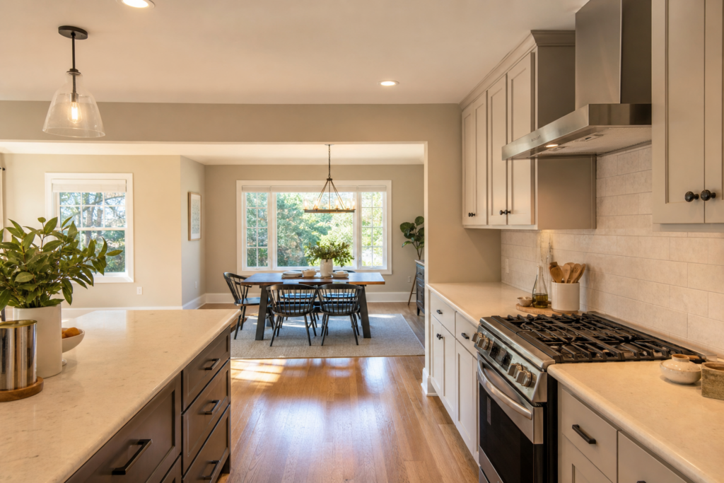 Bright, updated kitchen with white cabinetry, quartz countertops, a large center island, stainless-steel gas range and vent hood, hardwood floors, and an open view into a sunlit dining area.