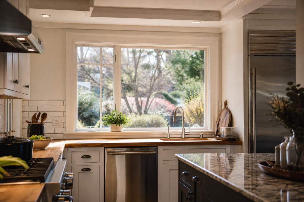 Kitchen with butcher block counters, farmhouse sink, and large window overlooking backyard garden in Needham, MA home