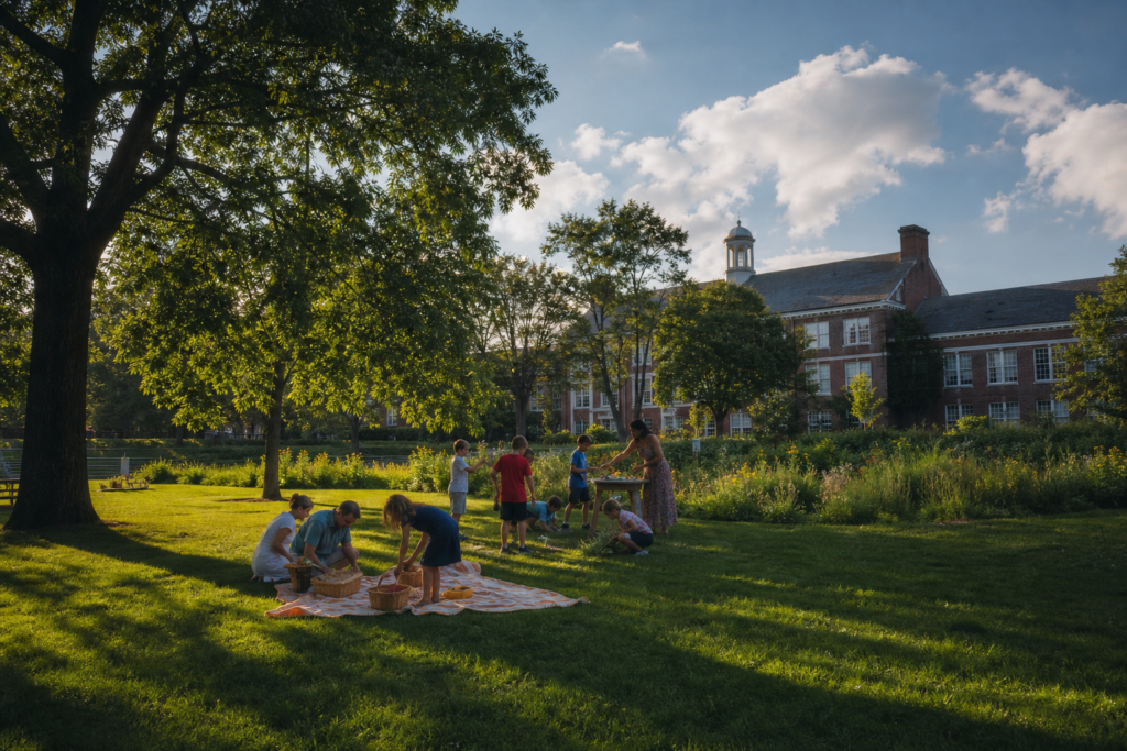 Families and children enjoy an outdoor picnic and activities on a grassy field beside a large brick school building on a sunny afternoon.