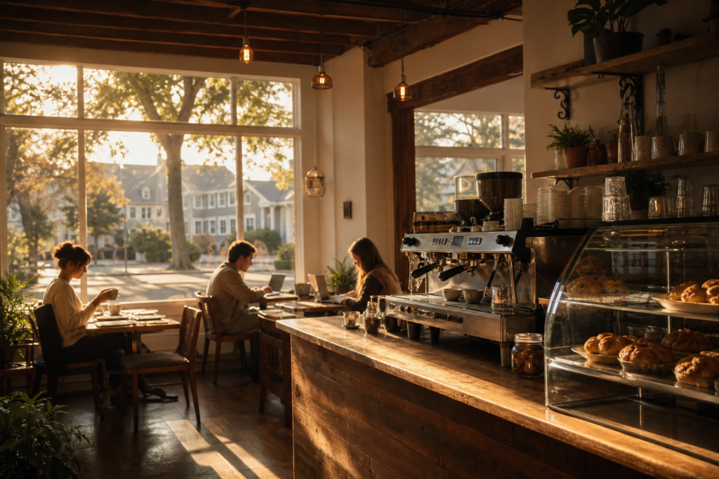 Sunlit coffee shop interior in Westwood MA with an espresso machine, wooden counter, pastry display, and customers seated by large windows overlooking a tree-lined street