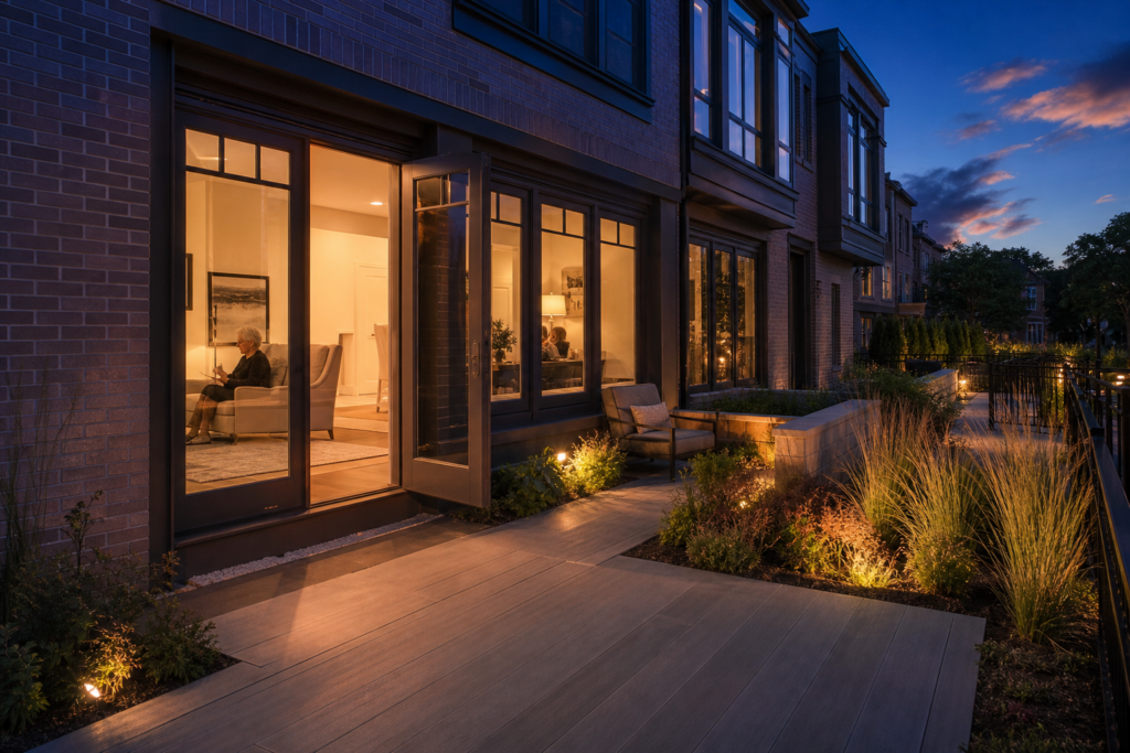 Brick townhome patio at dusk with lit landscape lighting, outdoor seating, and glowing interior visible through open glass doors