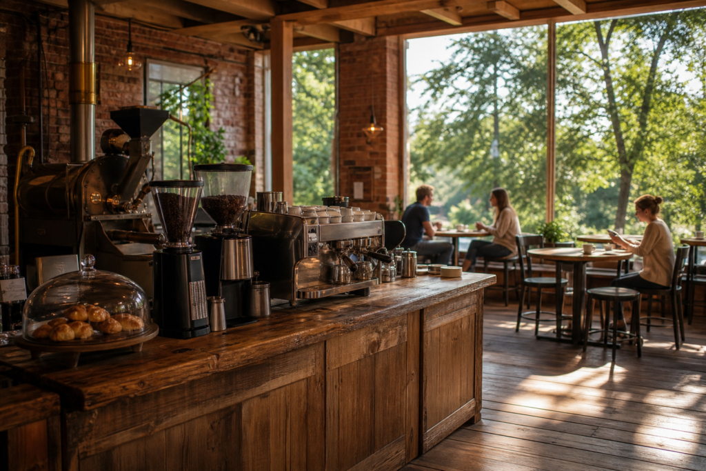 Rustic coffee shop interior with espresso bar, wood counter, and seating overlooking wooded views in Dover, MA