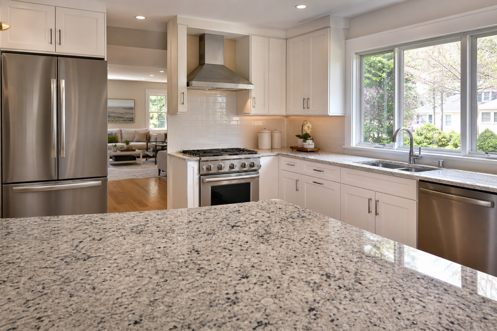 Renovated white kitchen with granite island and stainless appliances in a Needham, MA home