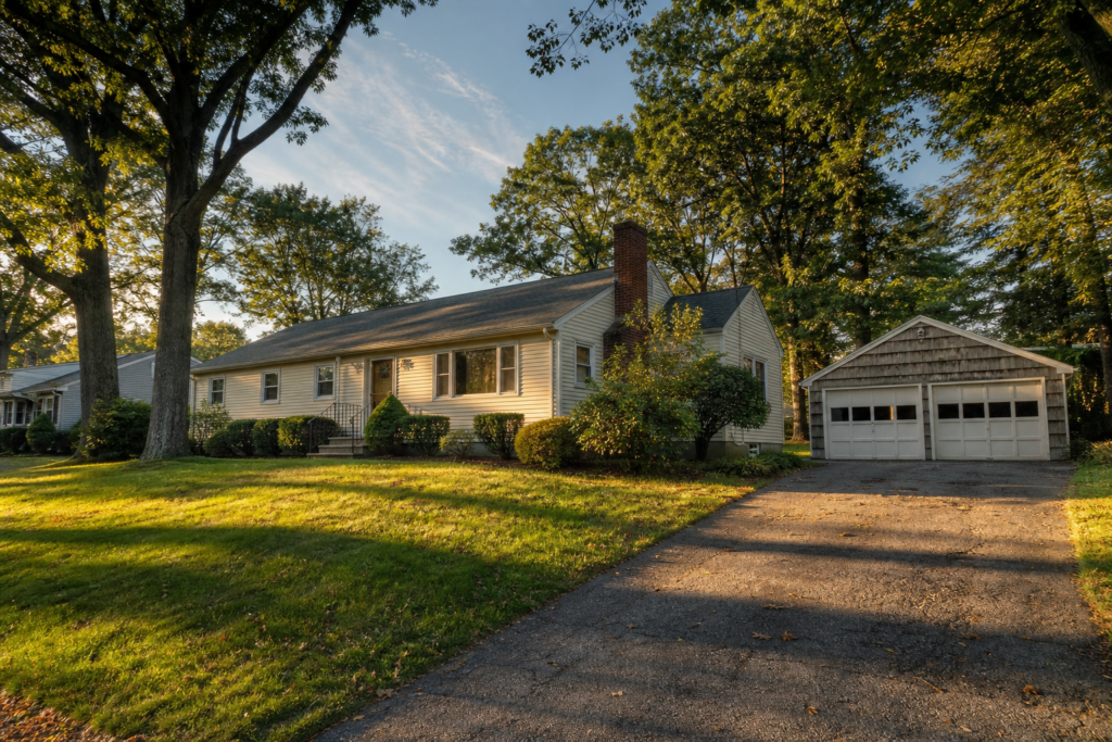 Exterior of a single-story ranch-style home with light siding, a brick chimney, mature shade trees, a spacious front lawn, and a detached two-car garage at the end of the driveway.