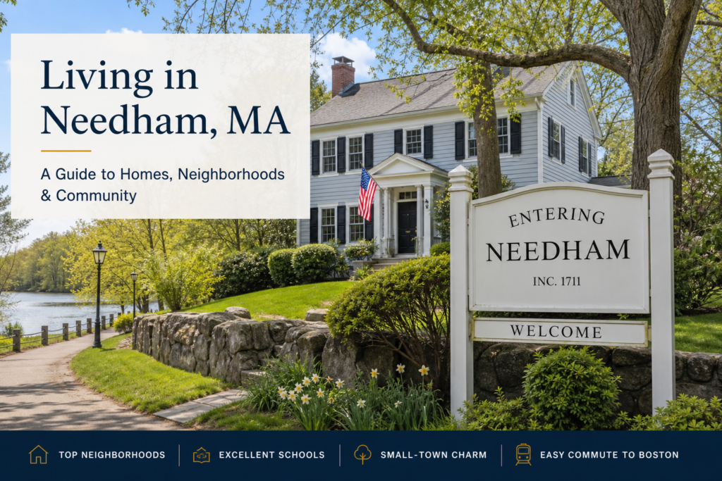 Living in Needham MA guide graphic featuring Colonial home, Needham welcome sign, and neighborhood walking path by the river