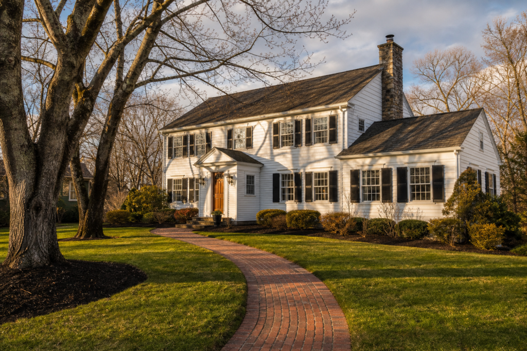 White Colonial-style home with black shutters and a curved brick walkway through a landscaped front lawn in Needham, MA