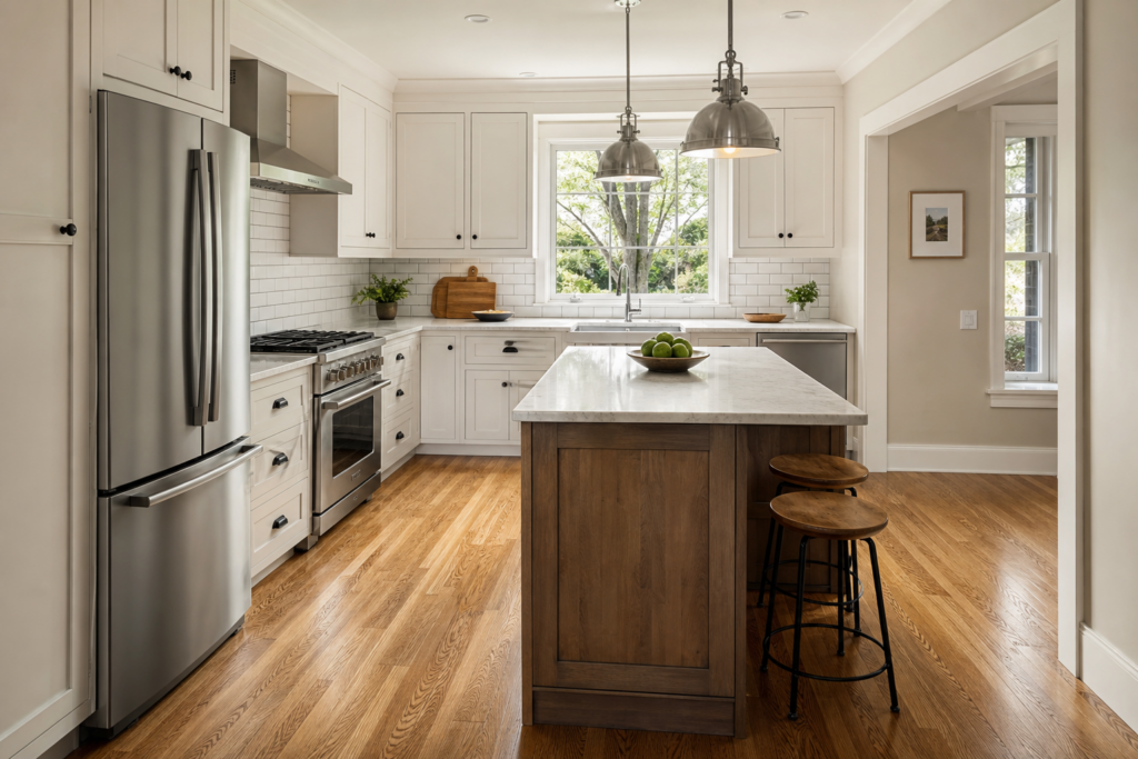 White kitchen with subtle backsplash, wood island with barstool seating, and stainless steel appliances