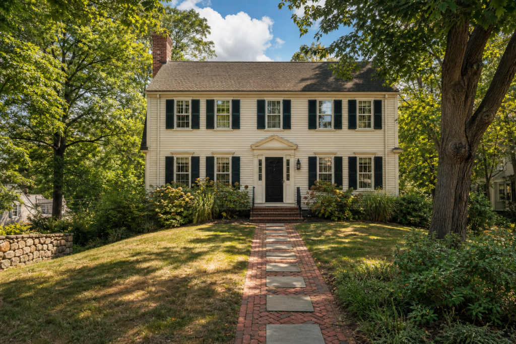 **Alt text:** Front exterior of a classic two-story Colonial home with cream-colored siding, black shutters, and a centered black front door beneath a decorative pediment. A brick and bluestone walkway leads through the front lawn to the entrance, with mature shade trees, landscaped gardens, and a low stone retaining wall framing the property on a sunny day.
