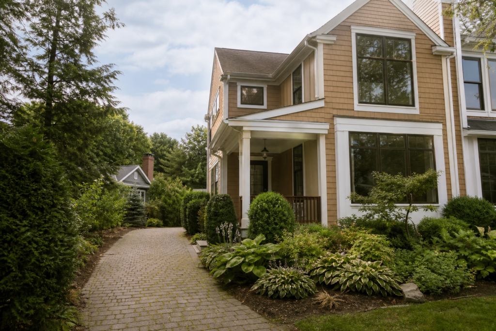 Shingle-style home with covered front porch, mature landscaping, and paver walkway