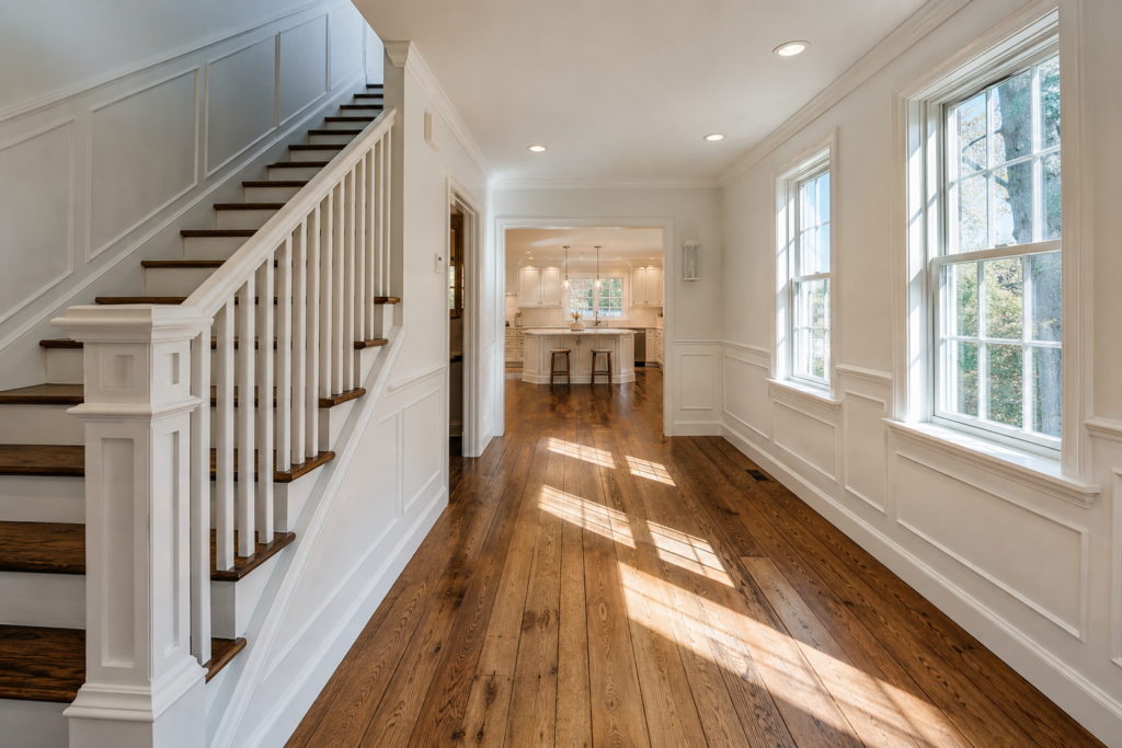 Renovated foyer with wide-plank wood flooring, white paneled staircase, and open view to kitchen in Needham, MA luxury home