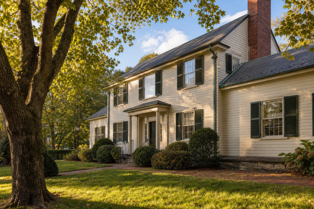 Classic yellow colonial home with dark shutters and brick chimney, a style common among older Needham, MA homes with lead paint considerations