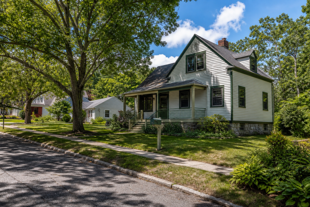 Vintage bungalow-style home with covered front porch and stone foundation on a tree-lined street in Needham, MA
