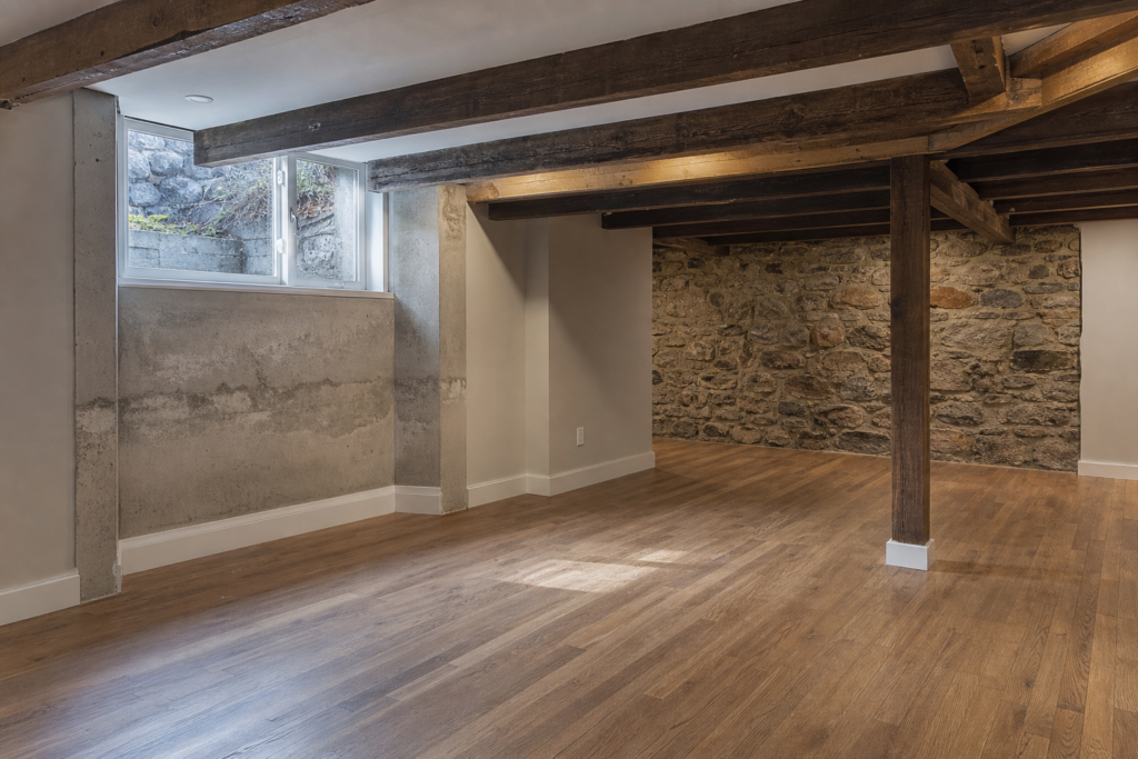 Finished basement with exposed wood beams, original stone foundation wall, and hardwood flooring in Needham, MA