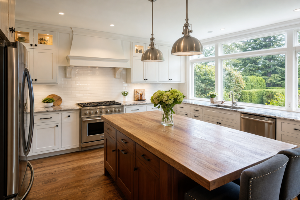 White kitchen with butcher block island, professional range, and dome pendant lights in Needham, MA
