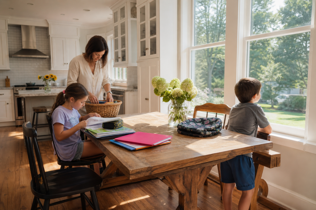 Family preparing for the school day at a farmhouse table in an open-concept kitchen typical of homes in Needham and Newton, MA
