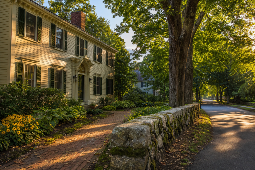 Historic white Colonial home in Dedham, Massachusetts, with dark shutters, a brick walkway, mature trees, lush gardens, and a stone wall along a quiet residential street.