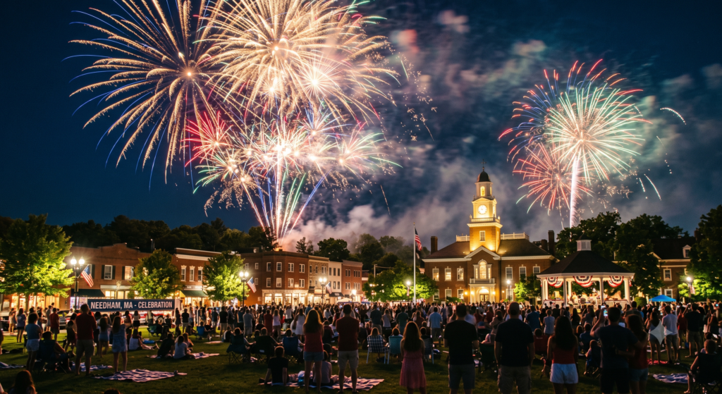 Fireworks light up the night sky above Needham High School as a large crowd gathers on the common for a Fourth of July celebration.