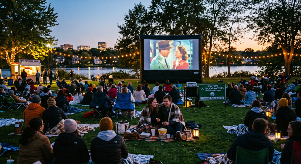 Outdoor movie night at Newton’,MA with a crowd seated on blankets and lawn chairs watching Casablanca beside the water under string lights at sunset.