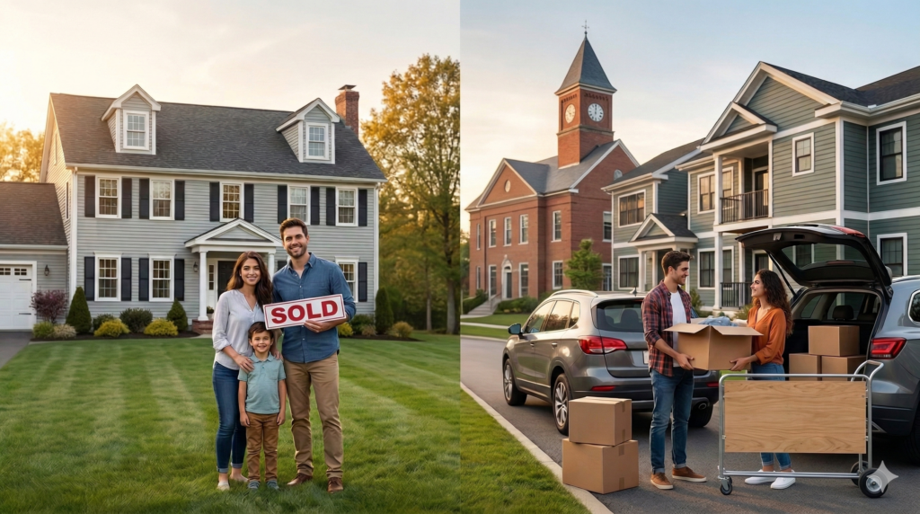 Families relocating to the Boston suburbs, with one family celebrating a home purchase and another unloading moving boxes near a new residence.