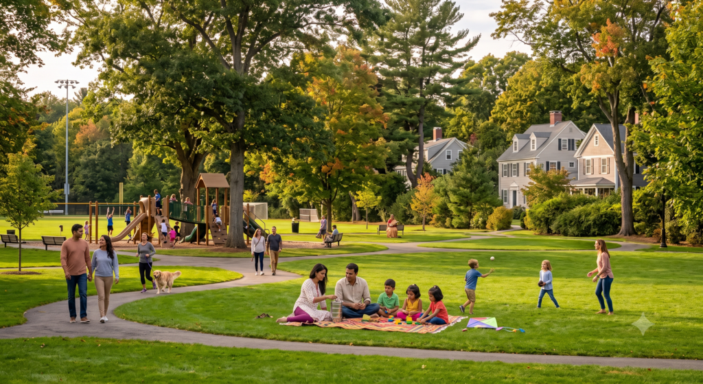 Diverse families enjoying a sunny afternoon at a scenic Needham MA town park. The well-maintained green space features an Indian family picnicking on the lawn, people playing catch, a woman walking a golden retriever on a paved path, a bustling children's playground, and traditional colonial homes behind mature trees