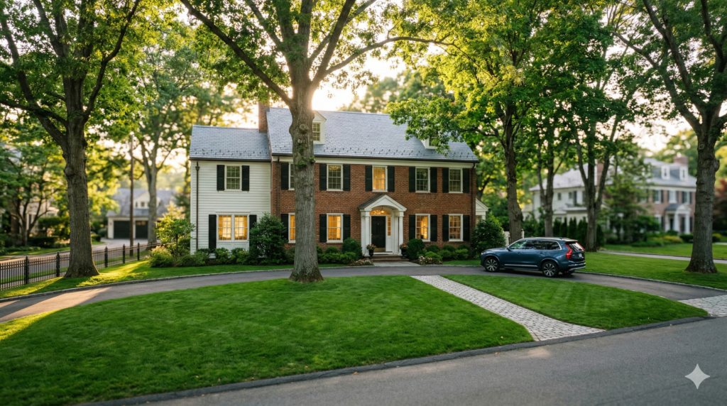 Large brick Colonial-style home in the Boston suburbs, surrounded by mature trees, manicured lawns, and a circular driveway.