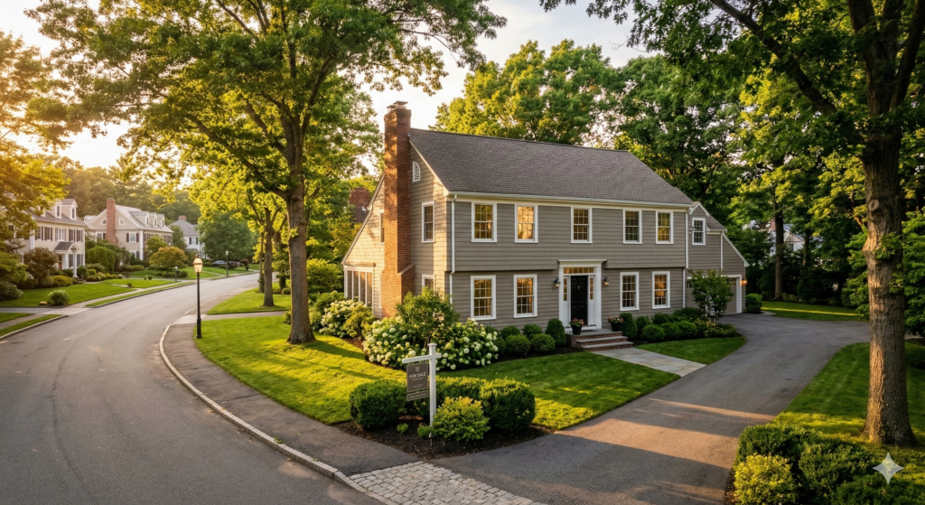 Gray Colonial-style home for sale in Needham, MA, featuring mature trees, manicured landscaping, a spacious driveway, and a quiet residential setting.