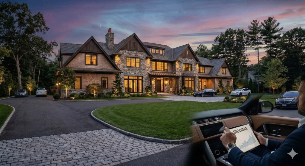 Luxury estate at dusk with stone and shingle architecture, a circular driveway, landscaped grounds, and a real estate professional reviewing bidding activity from a car.
