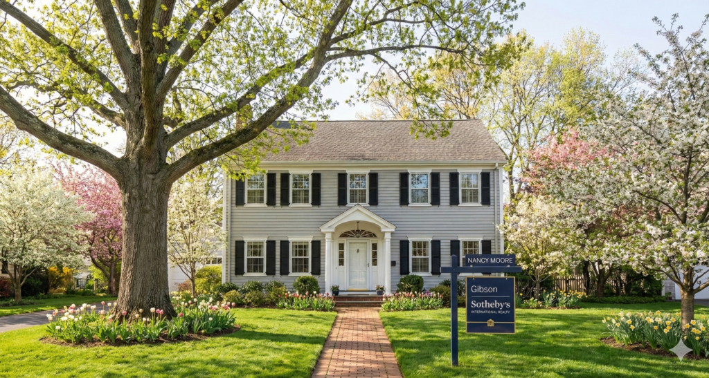 Gray Colonial-style home in Needham, MA, framed by blooming spring trees and landscaped gardens, with a Nancy Moore Gibson Sotheby’s International Realty yard sign.