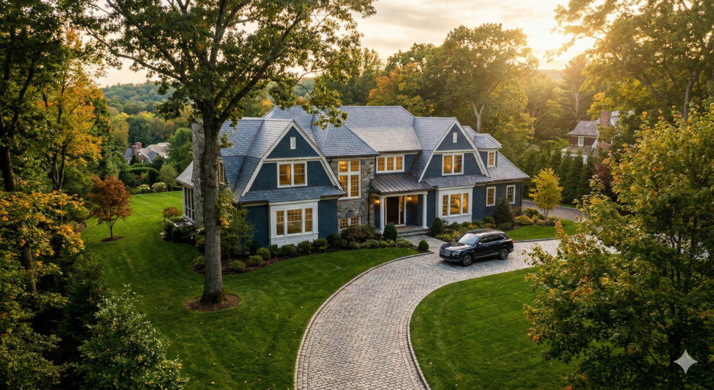 Aerial view of a luxury blue shingle-style home in the Boston suburbs, featuring stone accents, a curved cobblestone driveway, manicured landscaping, and mature trees at sunset.