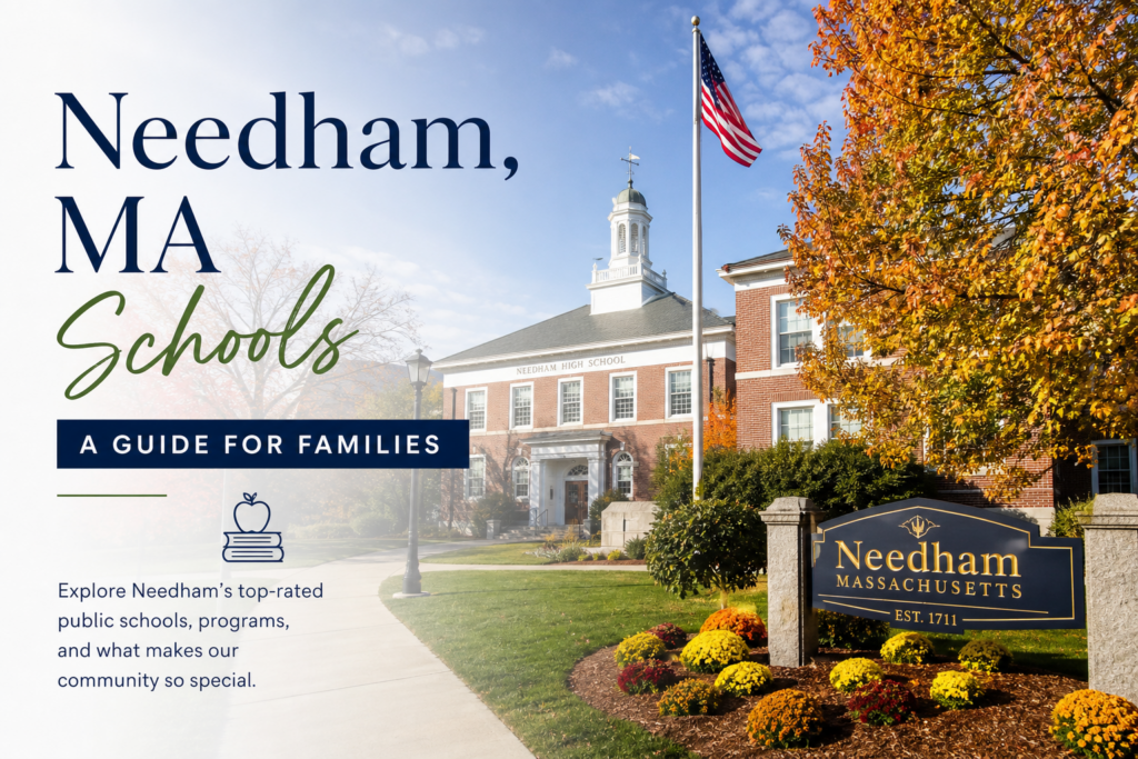 Graphic for a Needham, Massachusetts schools guide featuring Needham High School, an American flag, autumn foliage, and text introducing local public schools and programs.