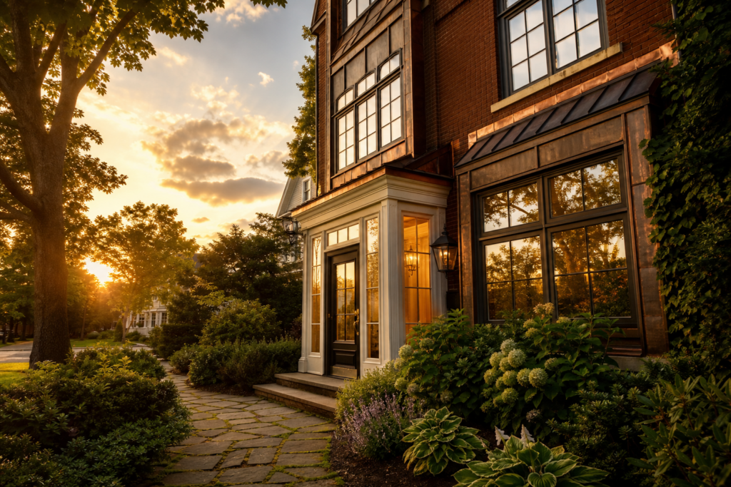 Elegant brick and copper-trimmed home in Needham, Massachusetts, surrounded by lush landscaping and mature trees glowing in warm sunset light.