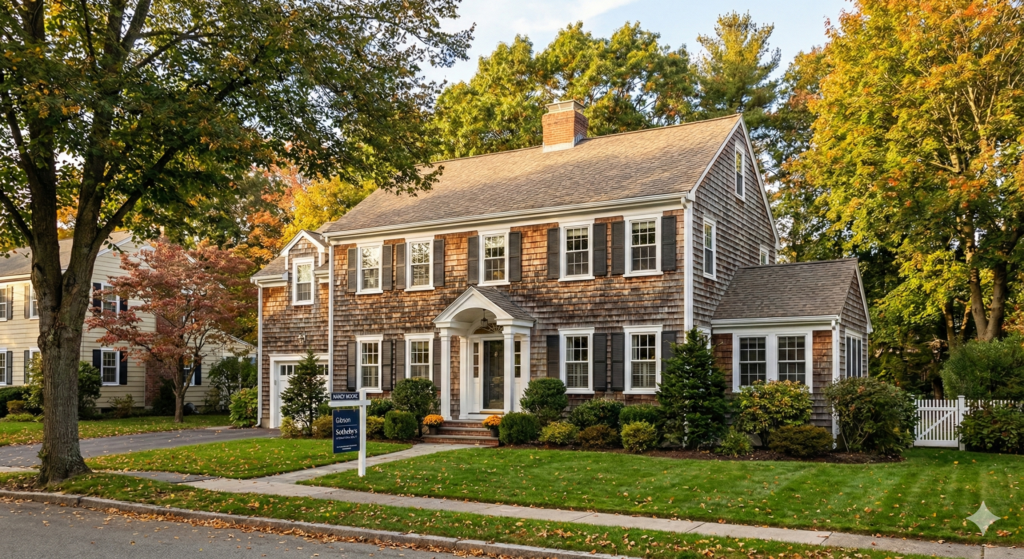 Shingle-style Colonial home in Needham, MA, with manicured landscaping, mature trees, and a Gibson Sotheby’s International Realty yard sign.