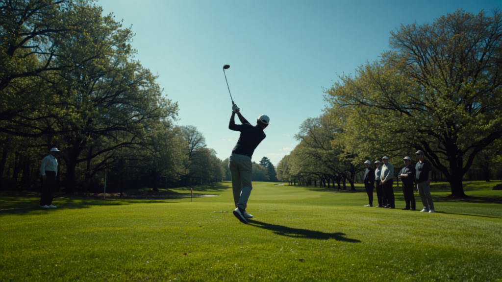 Golfer teeing off on a sunny New England golf course as other players wait nearby on a tree-lined fairway