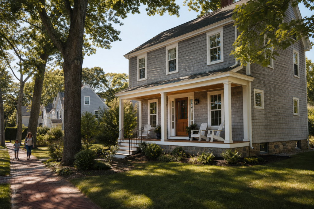 Gray shingle-style home with covered front porch and wooden door, with a parent and child walking on a brick sidewalk nearby in Needham, MA