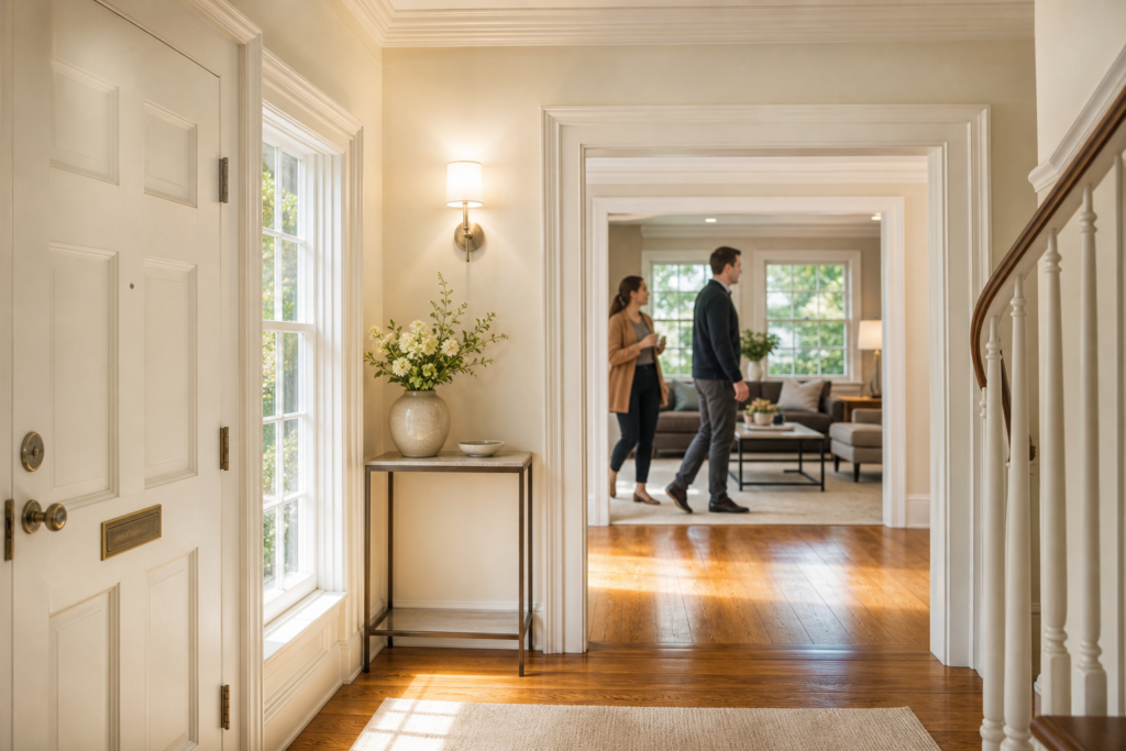 Bright, elegant home entryway with hardwood floors, white millwork, a staircase, and a floral arrangement on a console table. A couple tours the adjoining living room in the background.