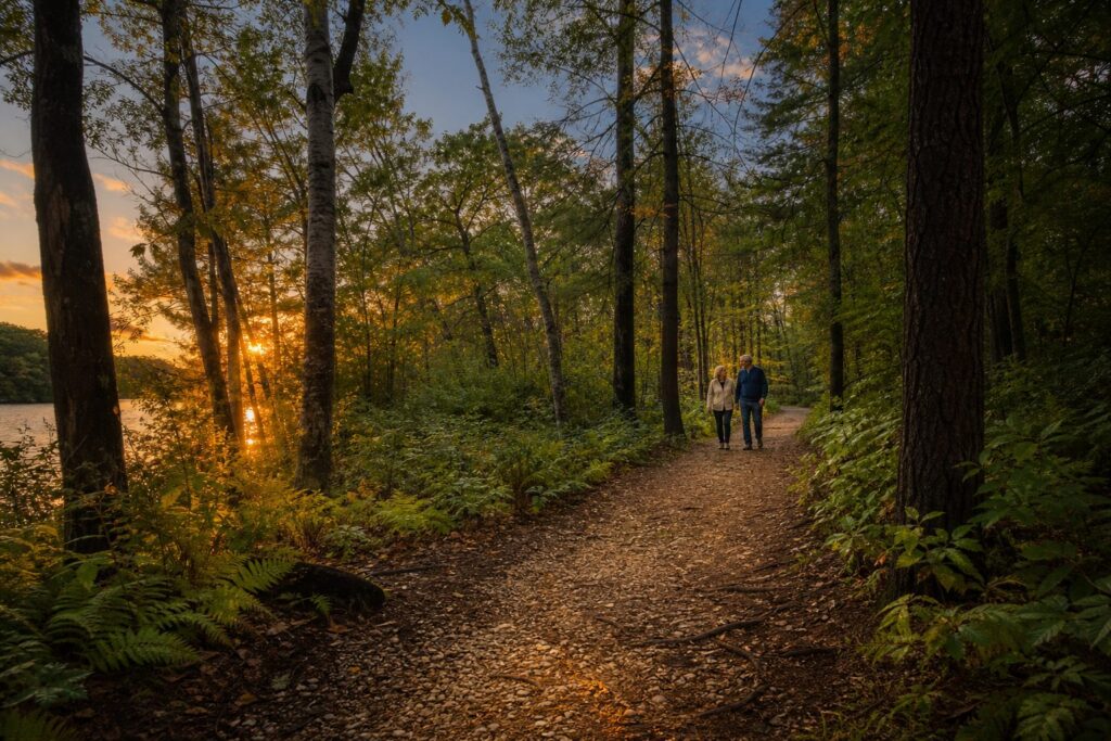 Path through Needham Town forest with an adult couple walking